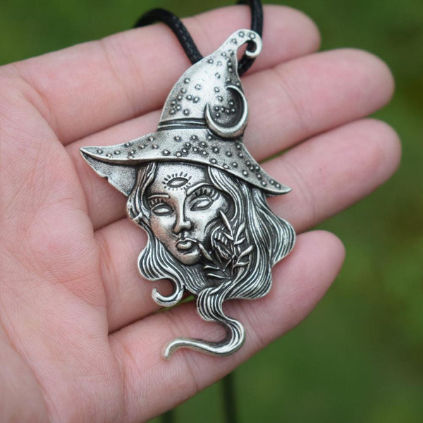 Vintage Long Hair Witch Necklace Sun Moon Witch Pendant - Ganesha's Market