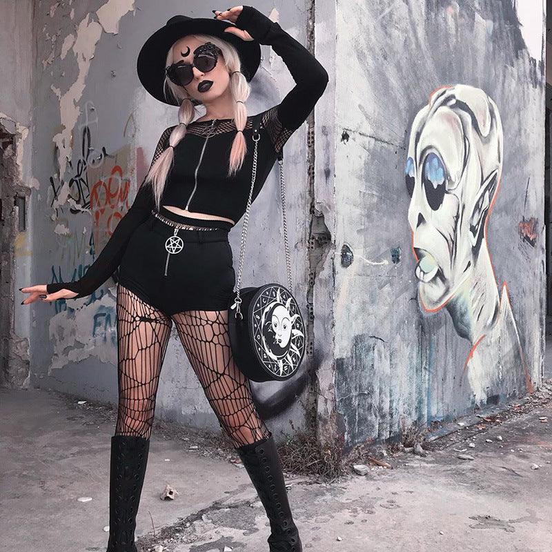 Dark Gothic Zip Bottom Shirt Fishnet Patchwork Long Sleeve T-Shirt - Ganesha's Market