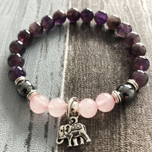 Amethyst and Rose Quartz Crystal Elephant Bracelet - Ganesha's Market