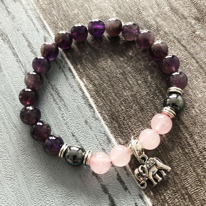 Amethyst and Rose Quartz Crystal Elephant Bracelet - Ganesha's Market