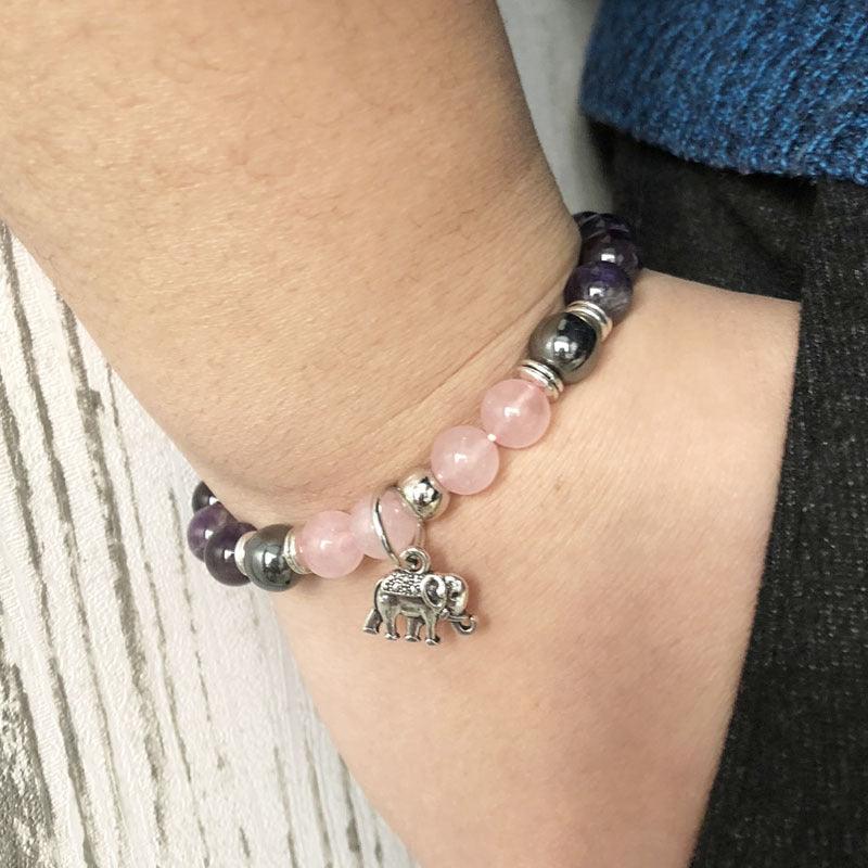 Amethyst and Rose Quartz Crystal Elephant Bracelet - Ganesha's Market