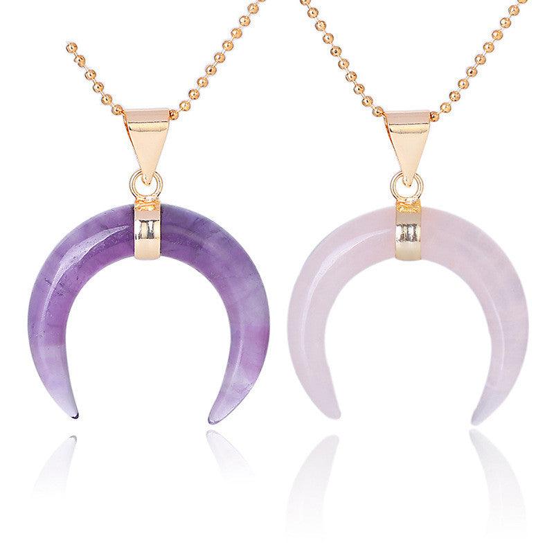 Amethyst or Rose Quartz Crystal Moon Necklace - Ganesha's Market