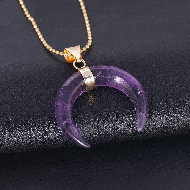 Amethyst or Rose Quartz Crystal Moon Necklace - Ganesha's Market