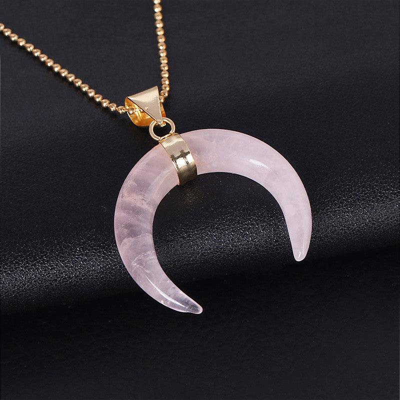 Amethyst or Rose Quartz Crystal Moon Necklace - Ganesha's Market
