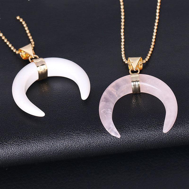 Amethyst or Rose Quartz Crystal Moon Necklace - Ganesha's Market