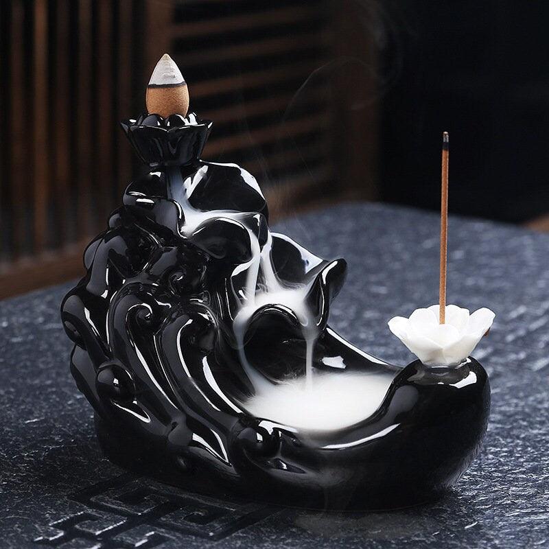 Black Ceramic Backflow Incense Burner (Choose Design) - Ganesha's Market