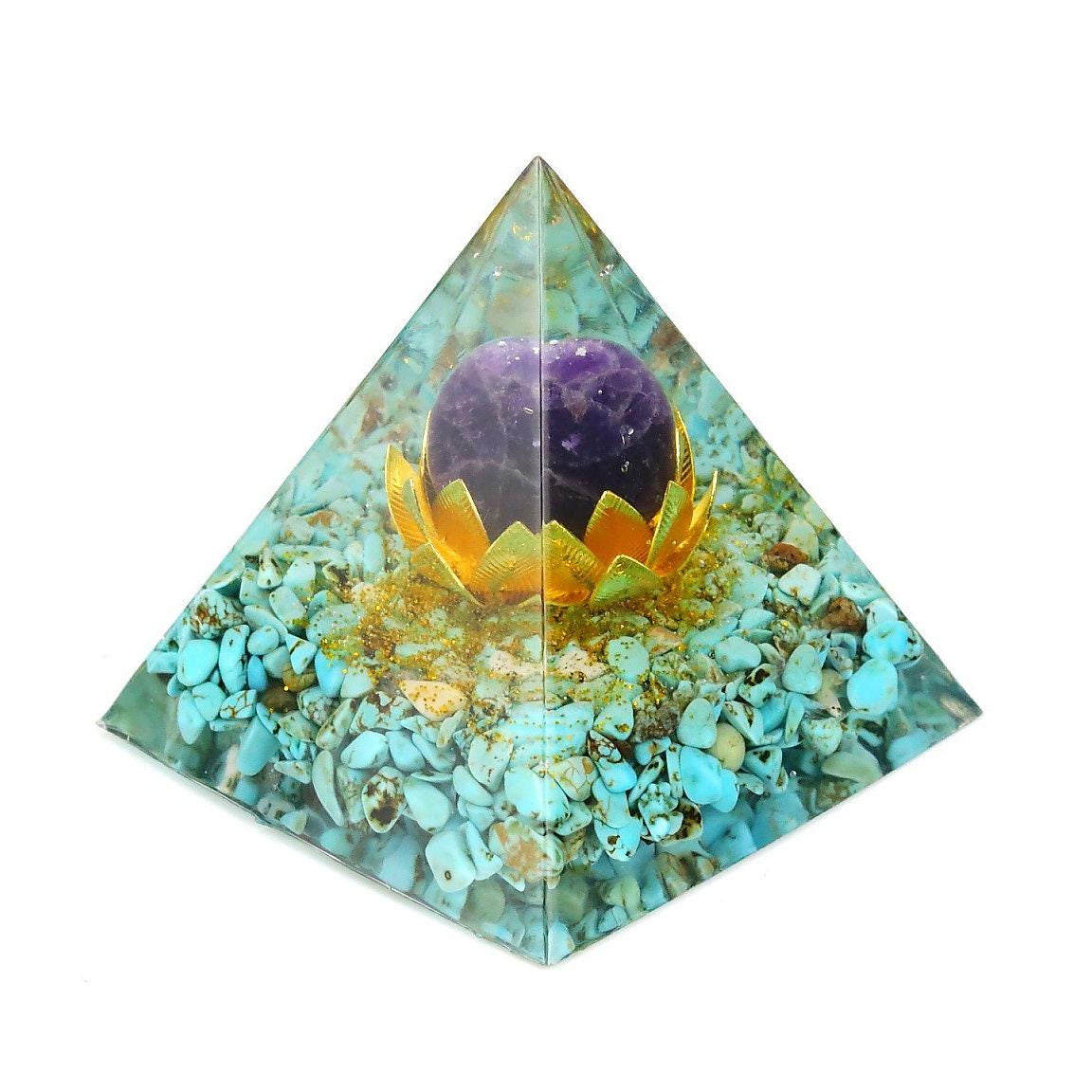 Turquoise and Amethyst Lotus Orgone Pyramid - Ganesha's Market