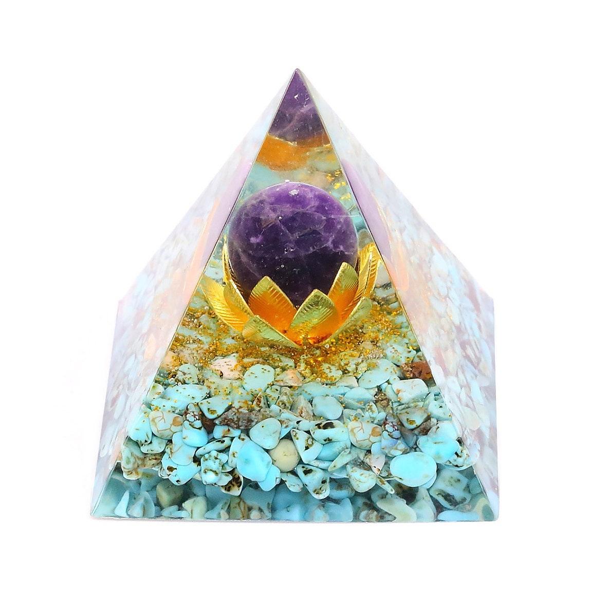 Turquoise and Amethyst Lotus Orgone Pyramid - Ganesha's Market