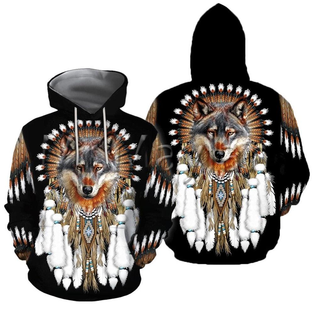 Mens Wolf Totem Tribal Pullover Hoodie - Ganesha's Market