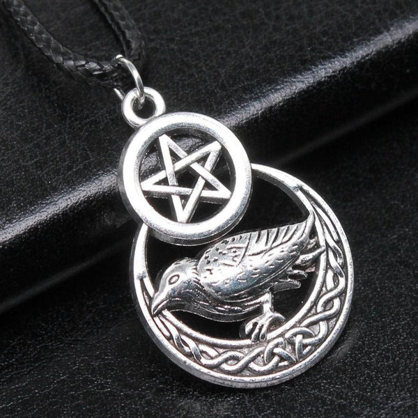 Pentagram Raven with Celtic Moon Necklace - Ganesha's Market