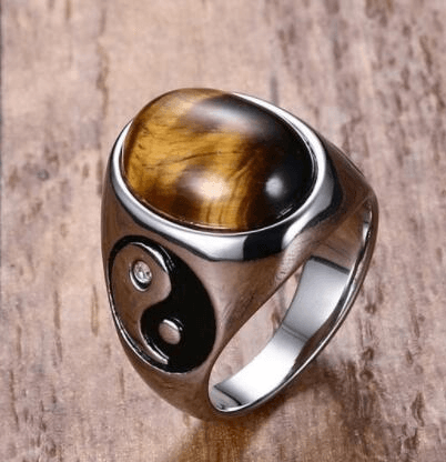 Tiger Eye Crystal Ring w/ Yin Yang Engraving - Ganesha's Market