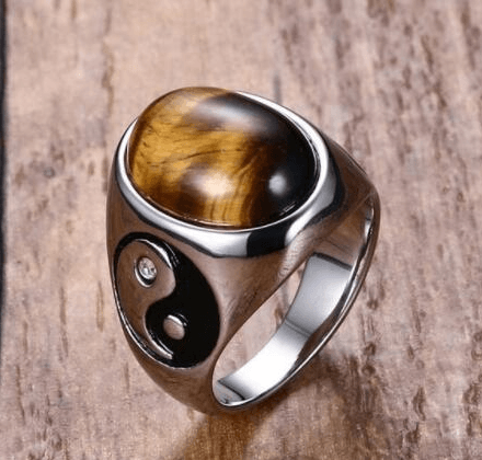 Tiger Eye Crystal Ring w/ Yin Yang Engraving - Ganesha's Market