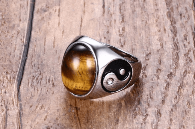 Tiger Eye Crystal Ring w/ Yin Yang Engraving - Ganesha's Market