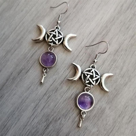 Triple Moon Pentagram Amethyst Crystal Earrings - Ganesha's Market