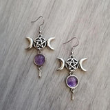 Triple Moon Pentagram Amethyst Crystal Earrings - Ganesha's Market