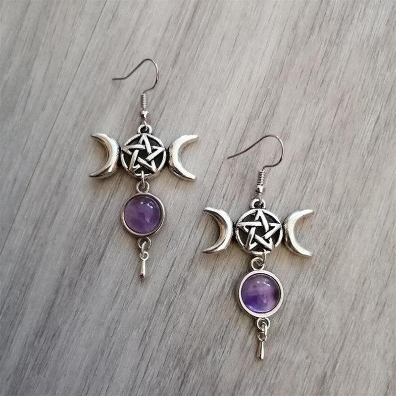 Triple Moon Pentagram Amethyst Crystal Earrings - Ganesha's Market