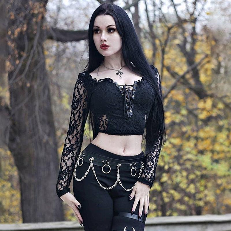 Gothic Lace Bandage Top Black Retro Sexy Perspective Long Sleeve T-Shirt Women - Ganesha's Market