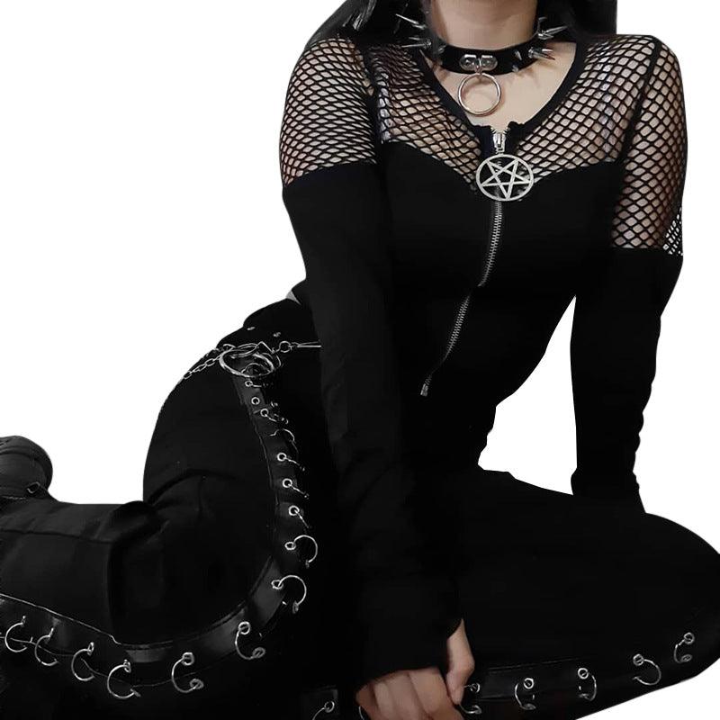 Dark Gothic Zip Bottom Shirt Fishnet Patchwork Long Sleeve T-Shirt - Ganesha's Market