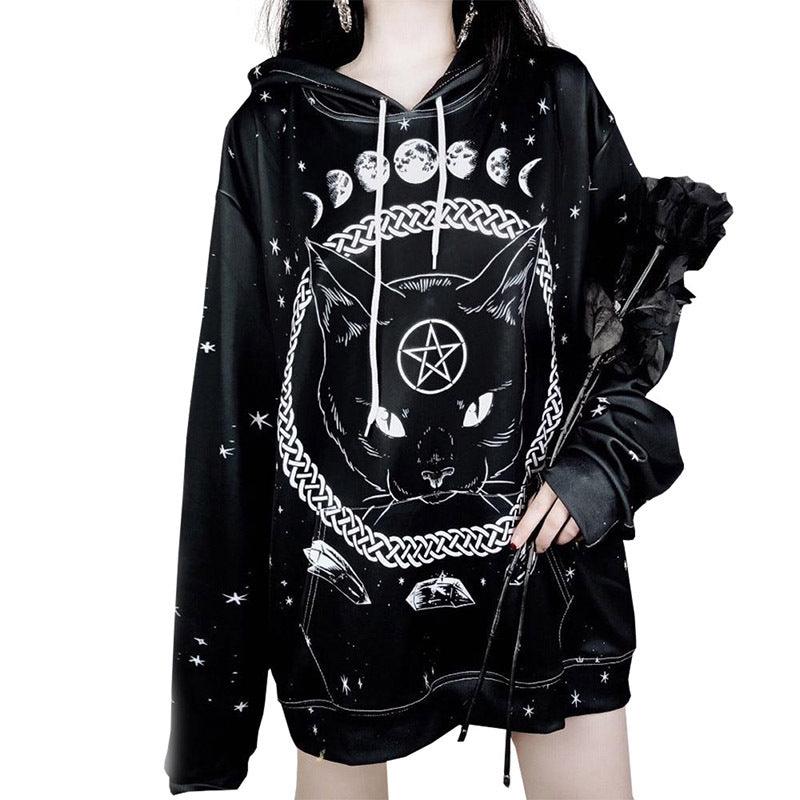 Street Gothic Cat Print Loose Hooded Sweater - Ganesha's Market