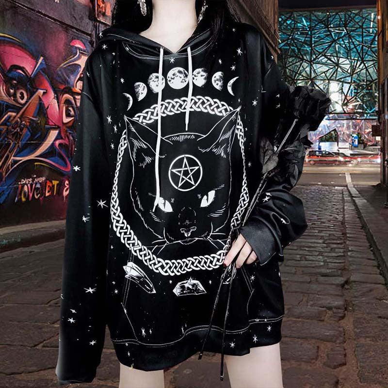 Street Gothic Cat Print Loose Hooded Sweater - Ganesha's Market