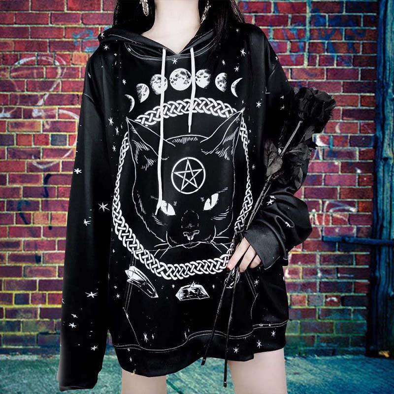 Street Gothic Cat Print Loose Hooded Sweater - Ganesha's Market